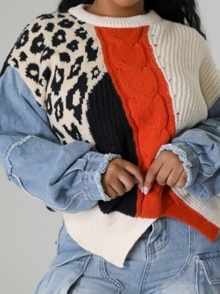Classy Denim & Print Sweater