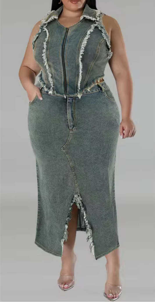 Classy Denim 2 piece Skirt Set